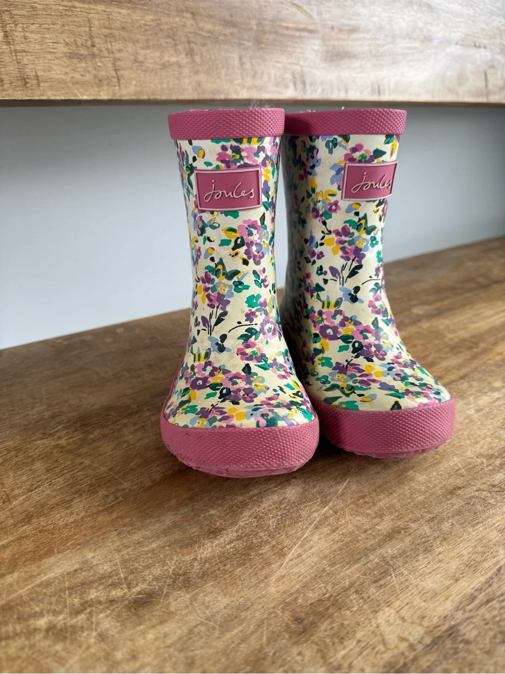 Joules Cream Floral Kids Rain Boots with Pink Trim